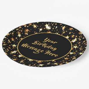 Assiettes En Carton Brosse d'anniversaire Script Black Gold Stars Pers