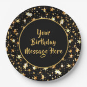 Assiettes En Carton Brosse d'anniversaire Script Black Gold Stars Pers (Devant)