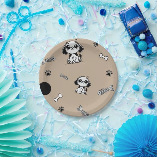 Assiettes En Carton Brown & Black Fish Bones Chien Chien Chien Chien C (Fête)