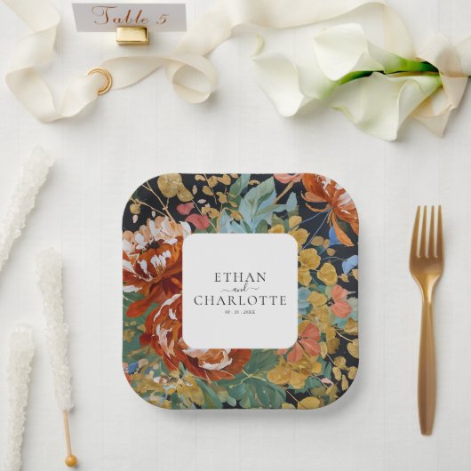 Assiettes En Carton Brûlé Orange Peonies Floral Peinture Or Mariage (Mariage)