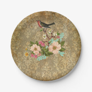 Assiettes En Carton brun floral de victorian d'oiseau de damassé