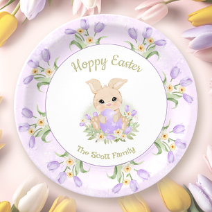 Assiettes En Carton Brunch de Pâques Chasse aux oeufs Tulipes pourpres