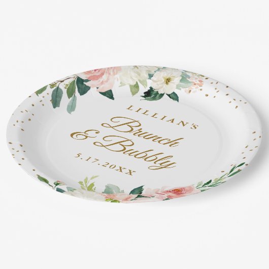 Assiettes En Carton Brunch Fleurs Roses et Bulles d'Or (Angle)