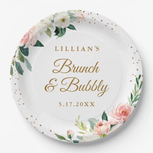 Assiettes En Carton Brunch Fleurs Roses et Bulles d'Or (Devant)