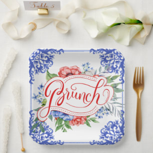 Assiettes En Carton Brunch nuptial rouge, blanc et bleu Douche