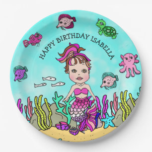 Assiettes En Carton Brunette Mermaid Anniversaire Dessin Personnalisé