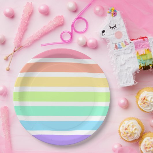 Assiettes En Carton Bubblegum arc-en-ciel et bandes blanches (Fête)