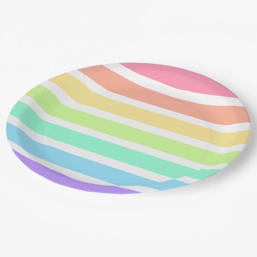Assiettes En Carton Bubblegum arc-en-ciel et bandes blanches (Angle)
