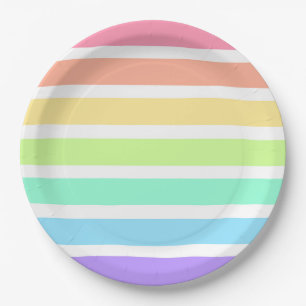 Assiettes En Carton Bubblegum arc-en-ciel et bandes blanches
