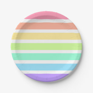 Assiettes En Carton Bubblegum arc-en-ciel et bandes blanches
