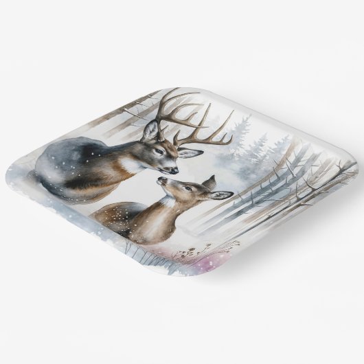 Assiettes En Carton Buck and Doe In Winter Woods (Angulaire)