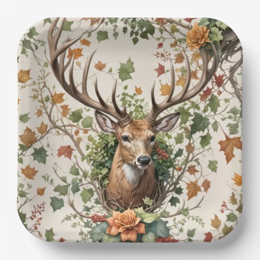 Assiettes En Carton Buck Deer Dans Les Fleurs D'Automne (Recto)