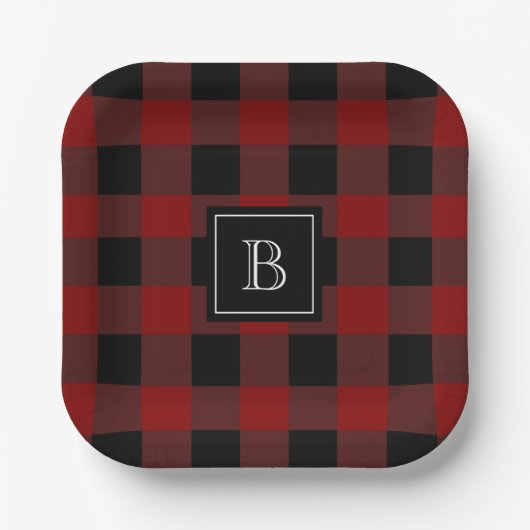 Assiettes En Carton Buffalo rustique Plaid Moderne Monogramme Rouge No (Recto)