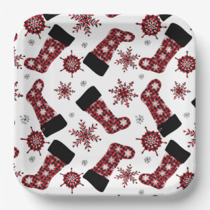 Assiettes En Carton Buffalo rustique Plaid Stocker Snowflakes Noël