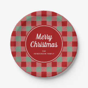 Assiettes En Carton Buffle rouge rustique à damier Joyeux Noël