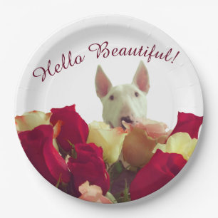 Assiettes En Carton Bull terrier avec salutation rose - Hello Beautifu