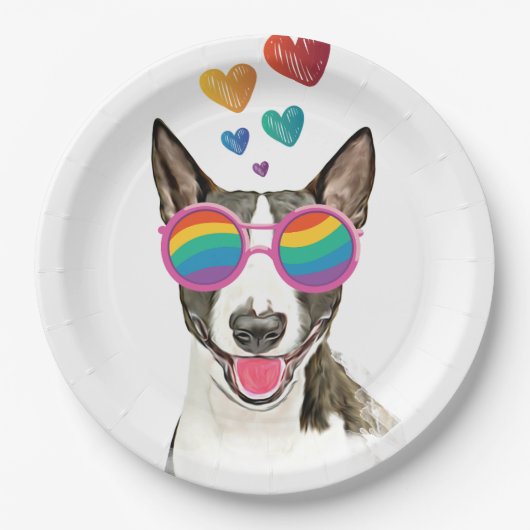 Assiettes En Carton Bull Terrier Chien avec Coeurs Saint-Valentin (Devant)