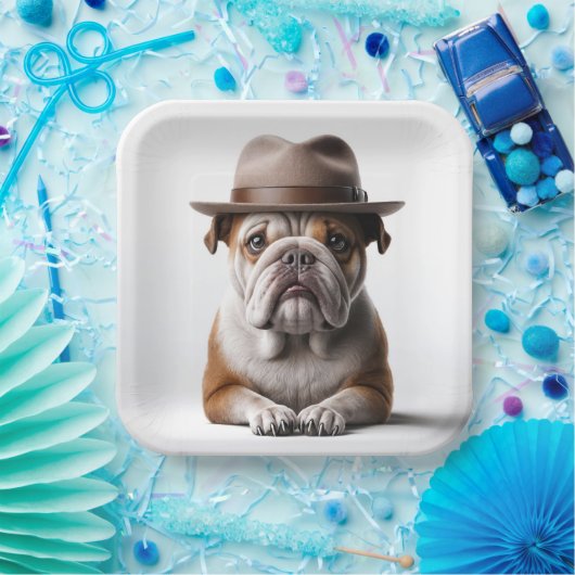 Assiettes En Carton Bulldog portant une fedora (Fête)