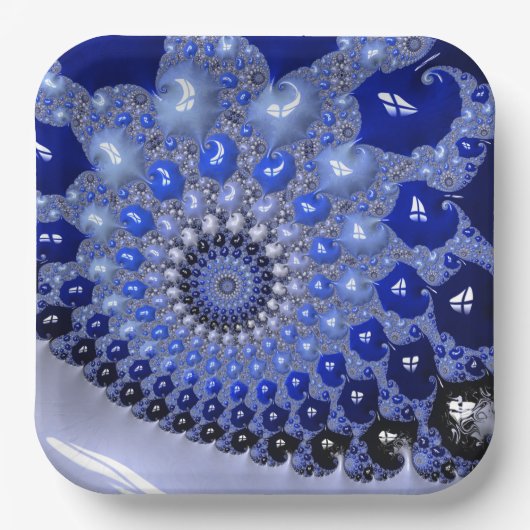 Assiettes En Carton Bulles fractales Ombre Bleu Abstrait (Recto)