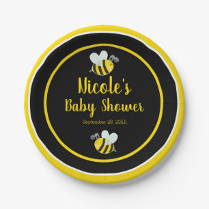 Assiettes En Carton Bumble Noir & Jaune Thème de Baby Shower Abeille B