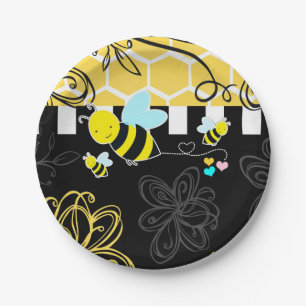 Assiettes En Carton Bumblebee Black & Yellow Baby Shower Moderne Chic