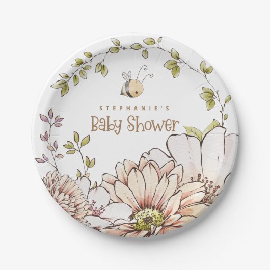Assiettes En Carton Bumblebee Florals Nom Gold Text Baby shower (Devant)