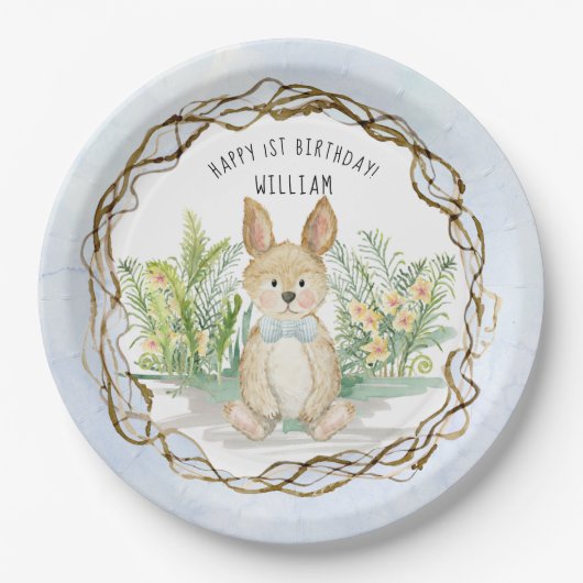 Assiettes En Carton Bunny Rabbit Bow Cravate Aquarelle Garçon 1er anni (Devant)