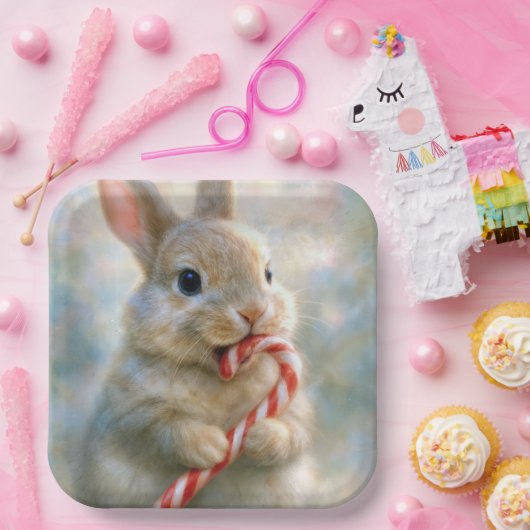 Assiettes En Carton Bunny Rabbit Nibbling On a Candy Cane (Fête)