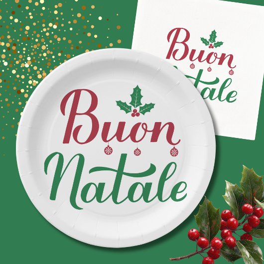 Assiettes En Carton Buon Natale Noël rouge et vert
