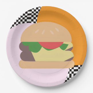 Assiettes En Carton Burger Bold à carreaux rose orange noir