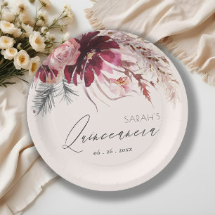 Assiettes En Carton Burgundy Blush Floral Pampas Grass Quinceanera