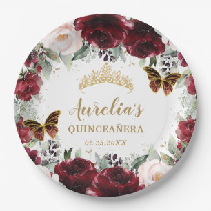 Assiettes En Carton Burgundy Blush Floral Quinceañera Tiara Princesse