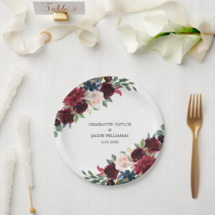 Assiettes En Carton Burgundy Blush Navy Blue Floral Rustic Mariage