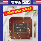 Assiettes En Carton 🤵 Burgundy Gold Elegant Inky Mariage Abstrait