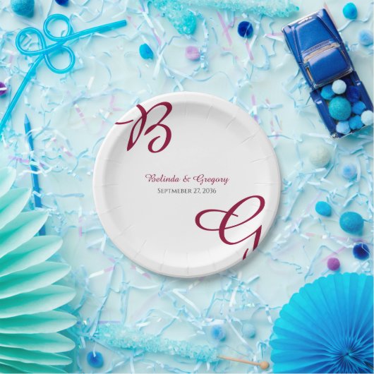 Assiettes En Carton Burgundy Maroon Initiales Mariage de automne d'aut (Fête)