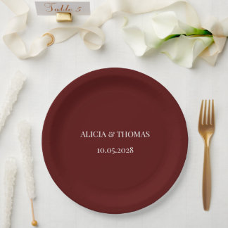 Assiettes En Carton Burgundy Modern Initials Minimalist Wedding 