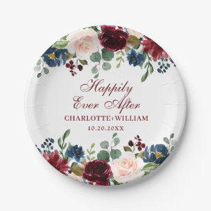 Assiettes En Carton Burgundy Navy Blue Blush Floral Rustic Mariage