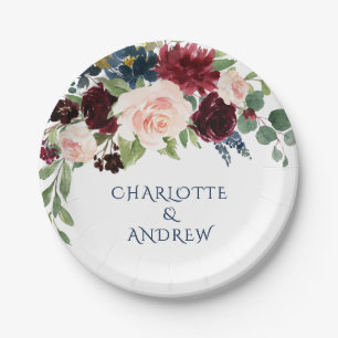Assiettes En Carton Burgundy Navy Blue Blush Floral Rustic Mariage