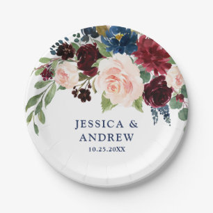 Assiettes En Carton Burgundy Navy Blue Blush Floral Rustic Mariage