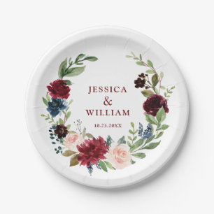 Assiettes En Carton Burgundy Navy Blue Blush Floral Rustic Mariage