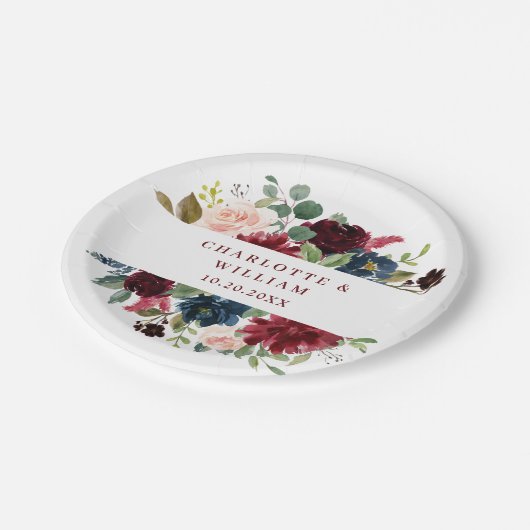 Assiettes En Carton Burgundy Navy Blue Blush Floral Rustic Mariage (Angle)