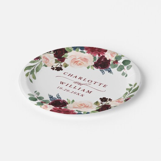 Assiettes En Carton Burgundy Navy Blue Blush Floral Rustic Mariage (Angle)