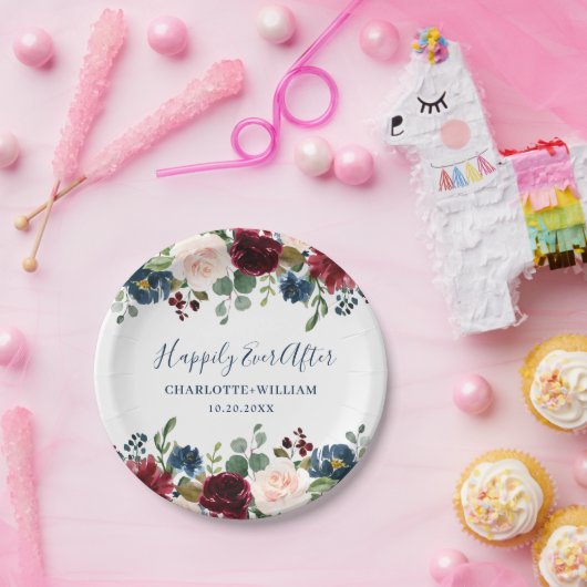 Assiettes En Carton Burgundy Navy Blue Blush Floral Rustic Mariage (Fête)