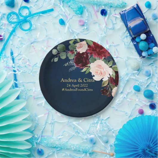 Assiettes En Carton Burgundy Navy Blush Floral Gold Mariage géométriqu (Fête)