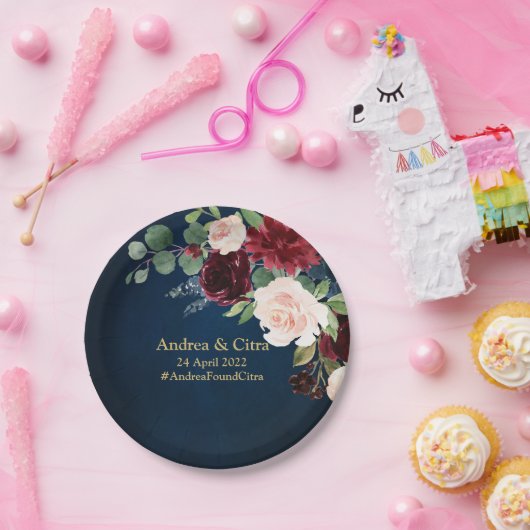 Assiettes En Carton Burgundy Navy Blush Floral Gold Mariage géométriqu (Fête)