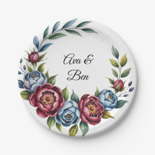 Assiettes En Carton Burgundy Peony et Blue Rose Mariage