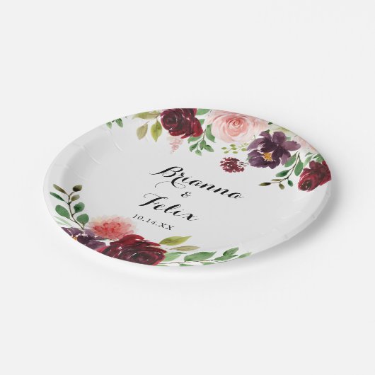 Assiettes En Carton Burgundy Spring Floral Calligraphy Mariage Cake (Angle)