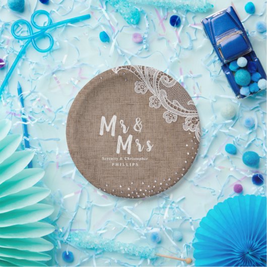 Assiettes En Carton Burlap Lace argent parties scintillant M & Mme mar (Fête)