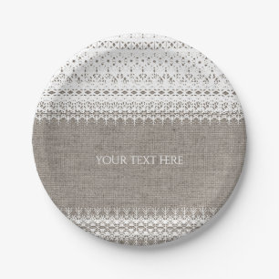 Assiettes En Carton Burlap rustique et Mariage de dentelle élégant