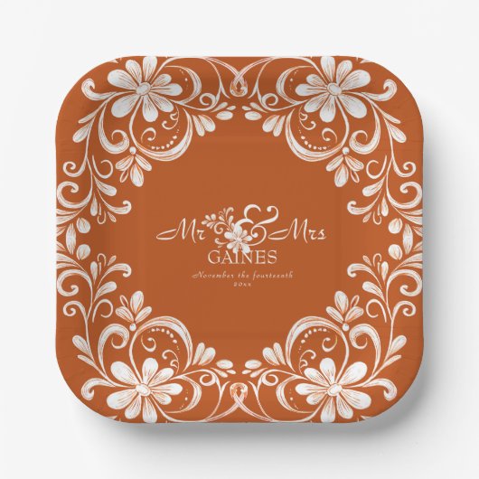 Assiettes En Carton Burnt Orange Shabby Chic Mr & Mrs Wedding Plate (Recto)